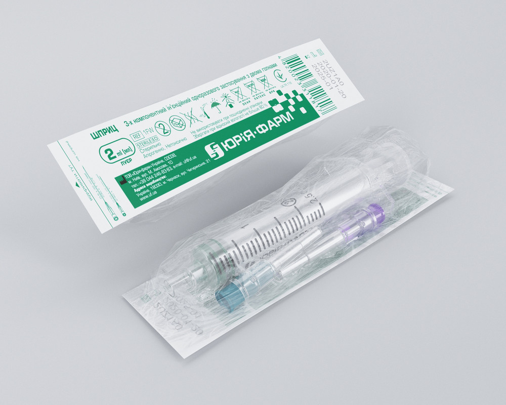 Шприц 2 ml (мл) луєр трьохкомпонентний ін'єкційний одноразового застосування з двома голками 0,6х32 mm (мм) (23Gх1 1/4)/0,55х25 mm (мм) (24Gх1)